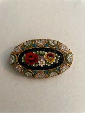 Vintage Micro-Mosaic Floral Oval Brooch in Red, Yellow & Green - Unbranded